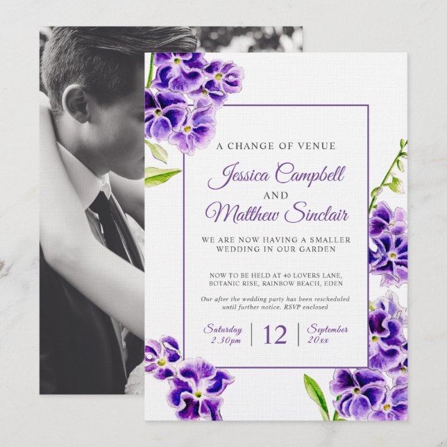Invitación Flores moradas de cielo cambian de lugar boda (Anverso / Reverso)