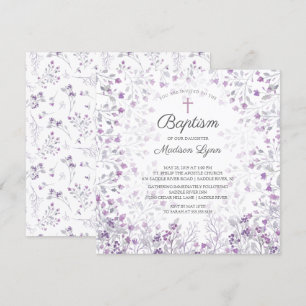 Invitación Flores moradas de color de agua delgadas bautizan