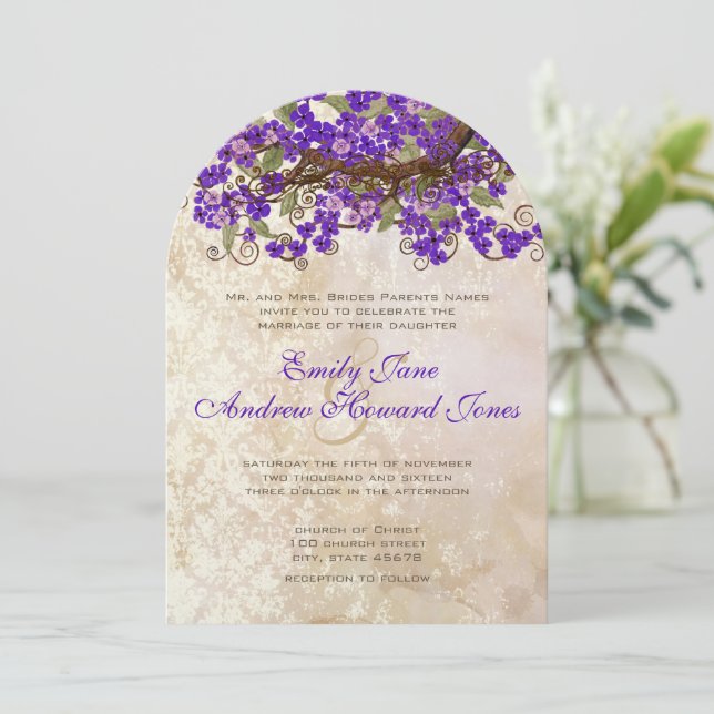 Invitación Flores moradas de encaje de encaje de damasco alte (Anverso de pie)
