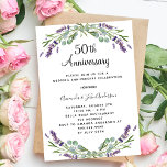 Invitación Flores moradas de lavanda 50 aniversario boda<br><div class="desc">Un fondo blanco decorado con flores de lavanda y vegetación eucaliptica. Personalice y sus nombres y detalles.</div>