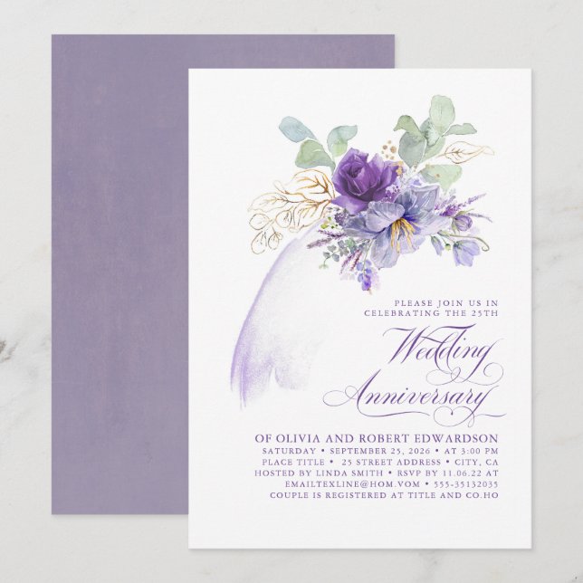 Invitación Flores Moradas de Lavanda para Boda y Aniversario (Anverso / Reverso)