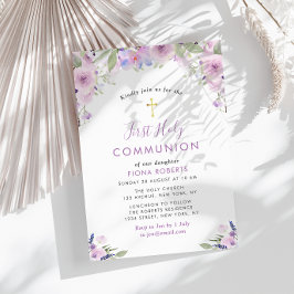Invitación flores moradas de lavanda primera comunión santa