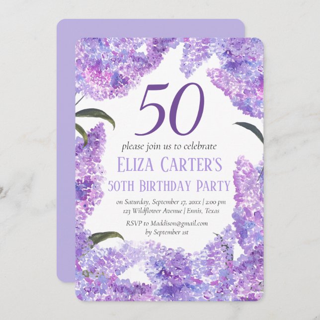 Invitación Flores moradas de Lilac 50.ª flor silvestre (Anverso / Reverso)