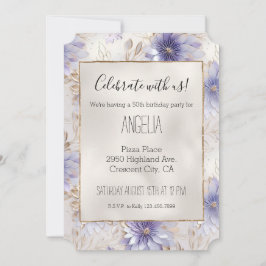 Invitación Flores moradas de perlas blancas de oro de bonito