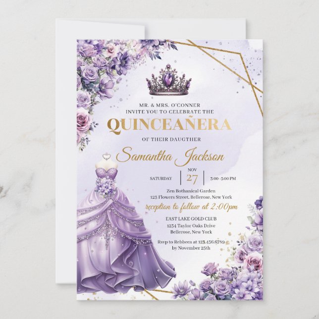 Invitación Flores moradas de primavera Princesa Vestido Quinc (Anverso)
