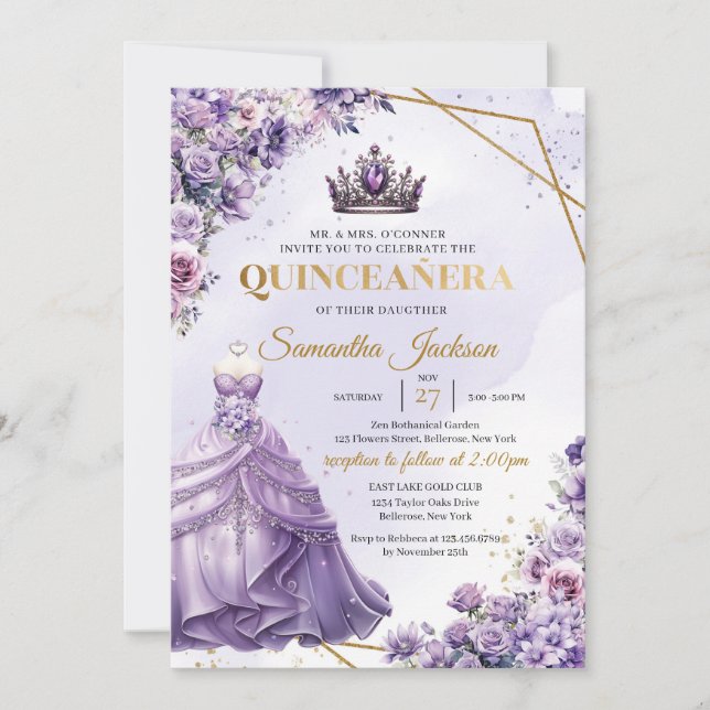 Invitación Flores moradas de primavera Princesa Vestido Quinc (Anverso)
