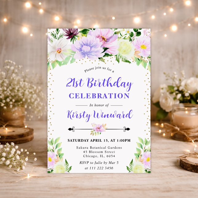 Invitación Flores Moradas de Verano & Foto Cumpleaños 21 (Subido por el creador)