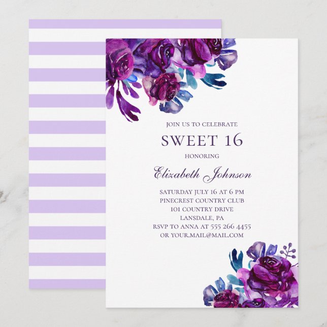 Invitación Flores moradas Dulce 16. cumpleaños floral violeta (Anverso / Reverso)