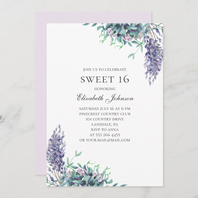 Invitación Flores moradas Dulce 16. Lavender 16 años (Anverso / Reverso)