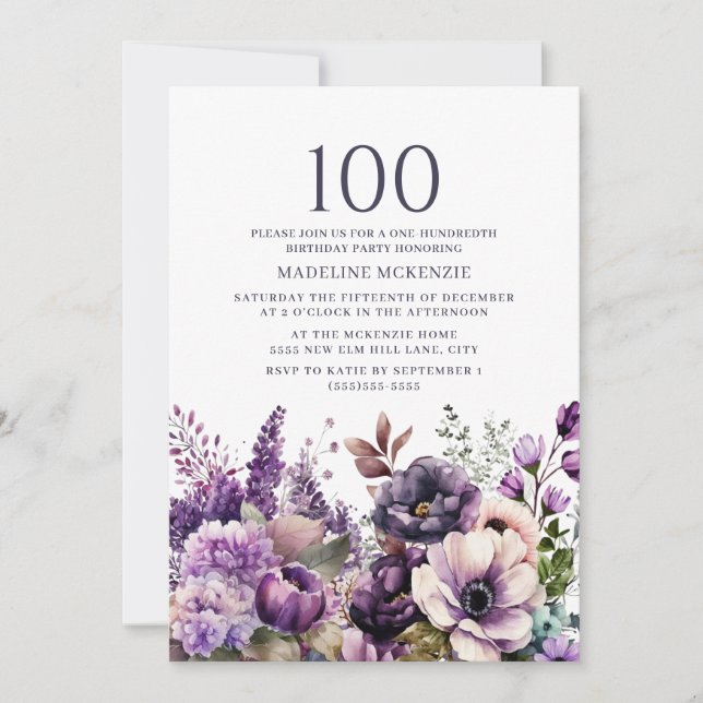 Invitación Flores Moradas Elegantes Cumpleaños 100 (Anverso)