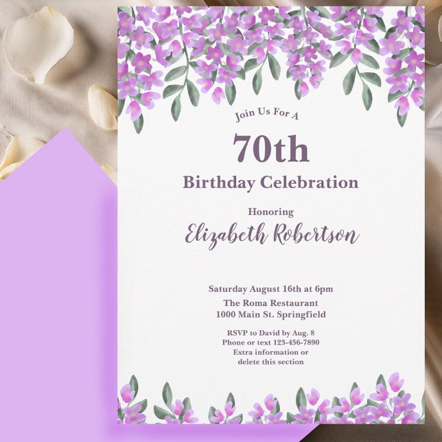 Invitación Flores Moradas Elegantes Cumpleaños 70 de Mujer  (Subido por el creador)