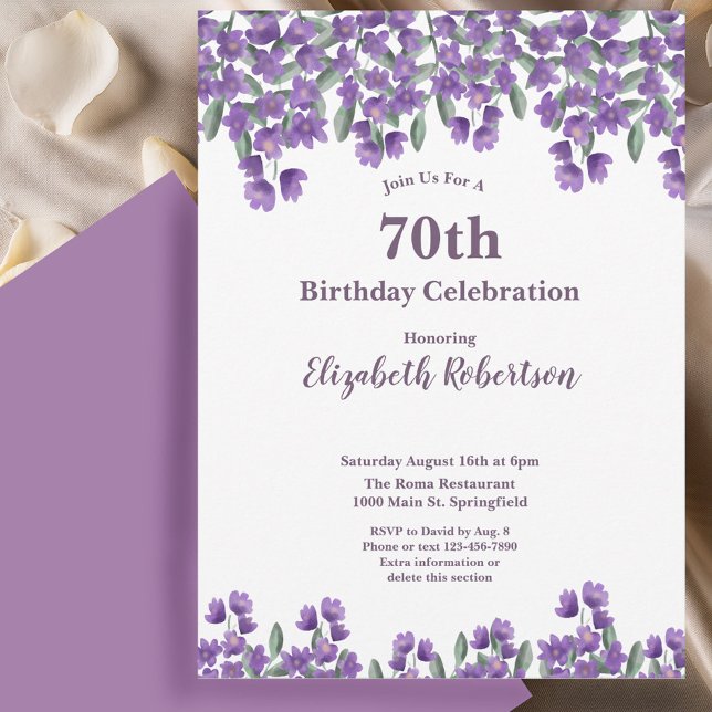 Invitación Flores Moradas Elegantes Cumpleaños 70 de Mujer  (Subido por el creador)