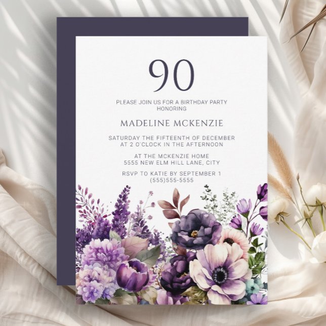 Invitación Flores Moradas Elegantes Cumpleaños 90 Adultos (Purple and pink floral 90th birthday party invitation)