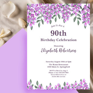Invitación Flores Moradas Elegantes Cumpleaños 90 Mujeres 
