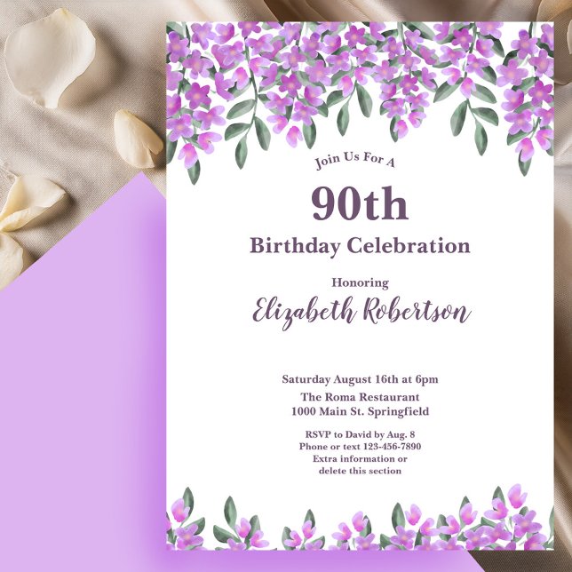 Invitación Flores Moradas Elegantes Cumpleaños 90 Mujeres  (Subido por el creador)