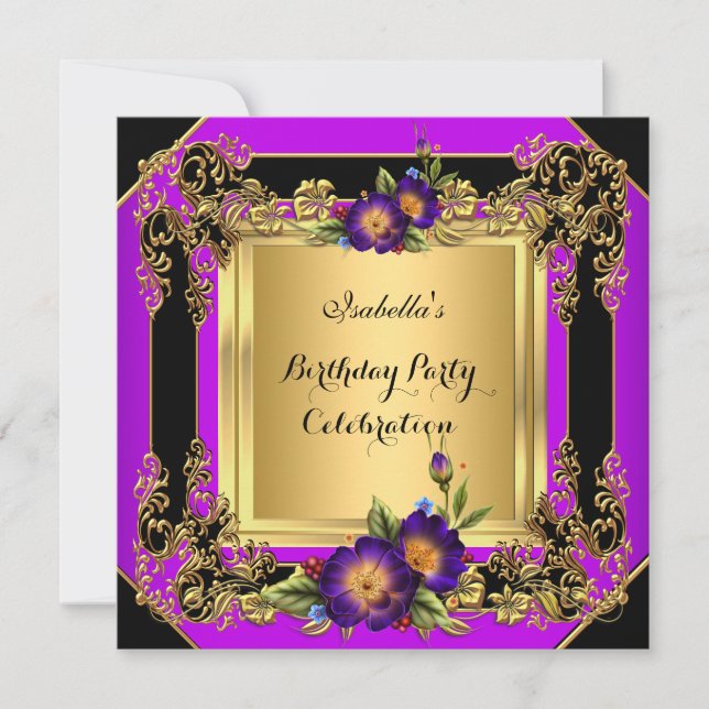 Invitación Flores Moradas Elegantes Fiesta de Cumpleaños Dora (Anverso)