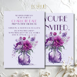 Invitación Flores moradas en jarrón acuarela Floral Cumpleaño