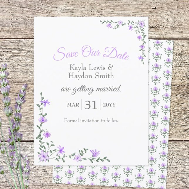 Invitación Flores Moradas, Enredaderas Frondosas Boda Guarda  (lavender flowers Save Our Date wedding stationery)