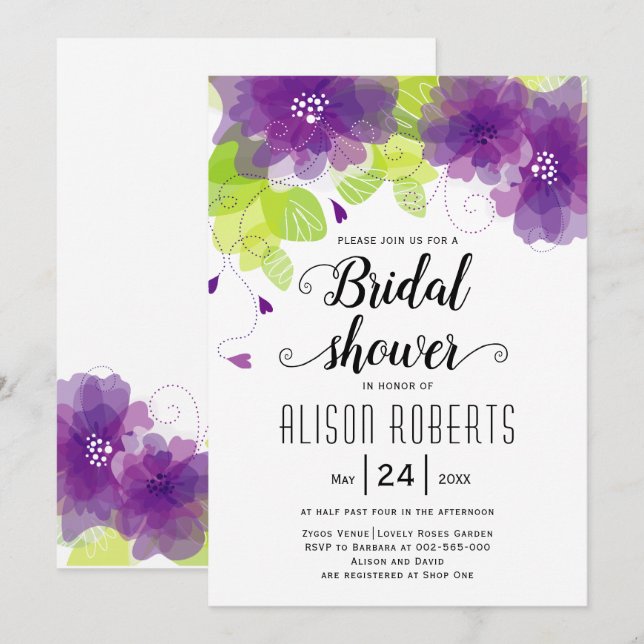 Invitación Flores moradas etéreas boda ducha de novia (Anverso / Reverso)