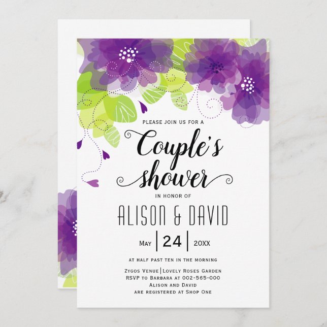 Invitación Flores moradas etéreas parejas bodas ducha (Anverso / Reverso)
