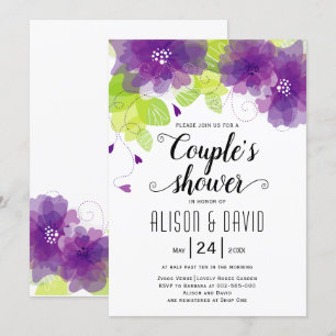 Invitación Flores moradas etéreas parejas bodas ducha