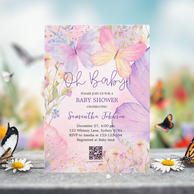 Invitación Flores moradas florales pequeña mariposa bebé Duch (Subido por el creador)