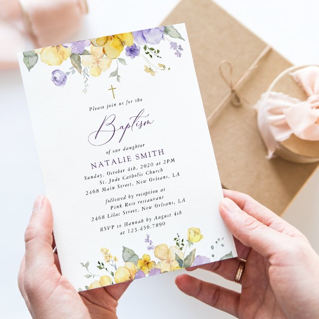 Invitación Flores Moradas, Flores Amarillas, Boho, Bautizo (Subido por el creador)