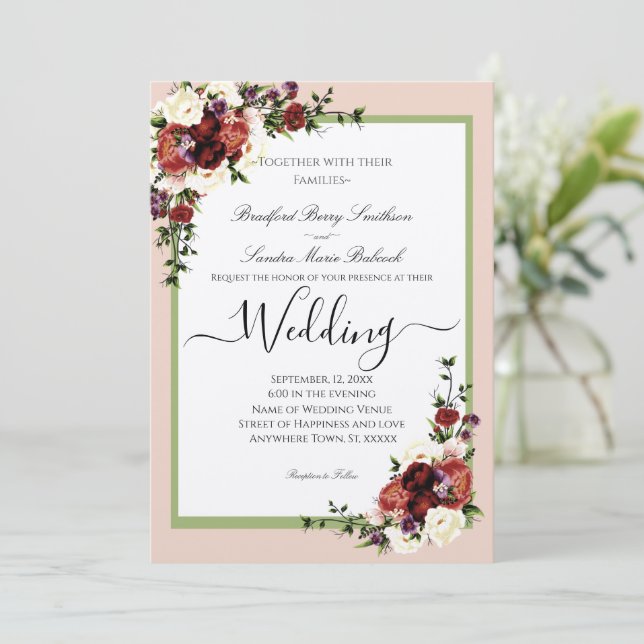 Invitación Flores Moradas Flores Terracotta Cream Burgundy In (Anverso de pie)