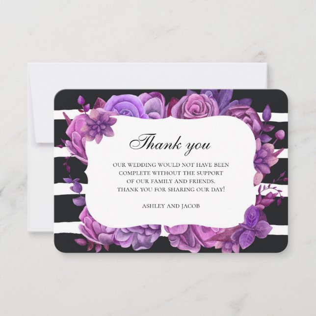 Invitación Flores moradas gracias. Nota boda floral (Anverso)