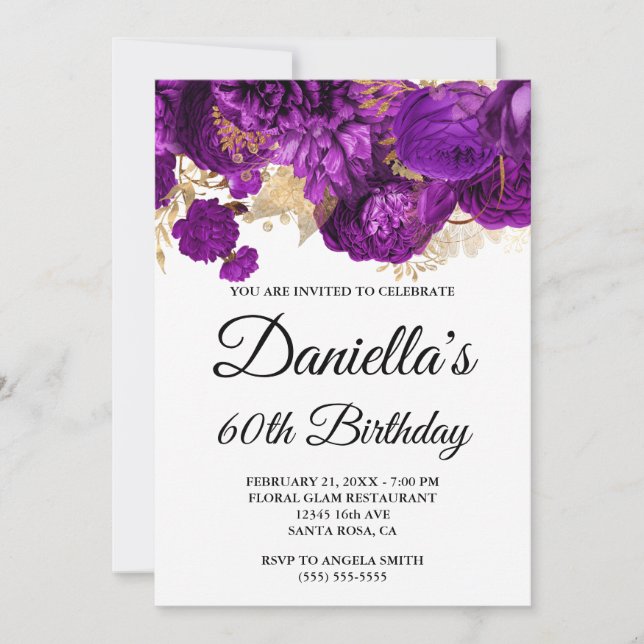 Invitación Flores Moradas Hojas de Oro Glam 60 Cumpleaños (Anverso)