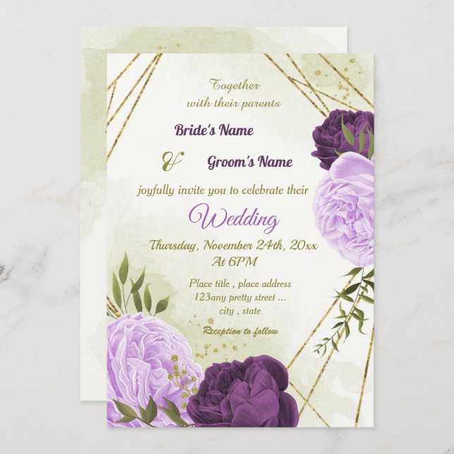 Invitación flores moradas hojas verdes boda (Anverso / Reverso)