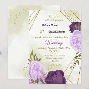 Invitación flores moradas hojas verdes boda