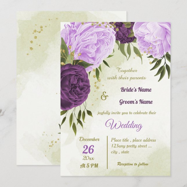 Invitación flores moradas hojas verdes boda (Anverso / Reverso)