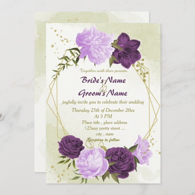 Invitación flores moradas hojas verdes boda (Anverso / Reverso)