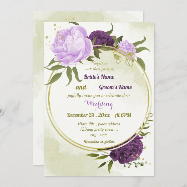 Invitación flores moradas hojas verdes boda (Anverso / Reverso)