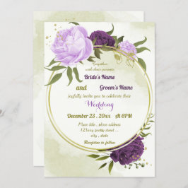 Invitación flores moradas hojas verdes boda