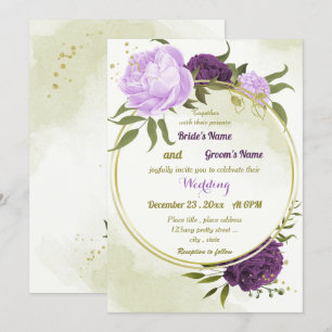 Invitación flores moradas hojas verdes boda