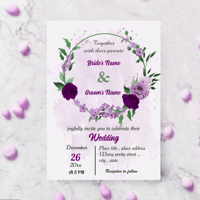 Invitación Flores moradas hojas verdes boda botánico (Subido por el creador)
