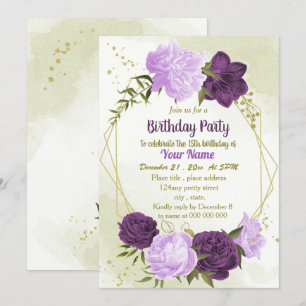 Invitación flores moradas hojas verdes cumpleaños