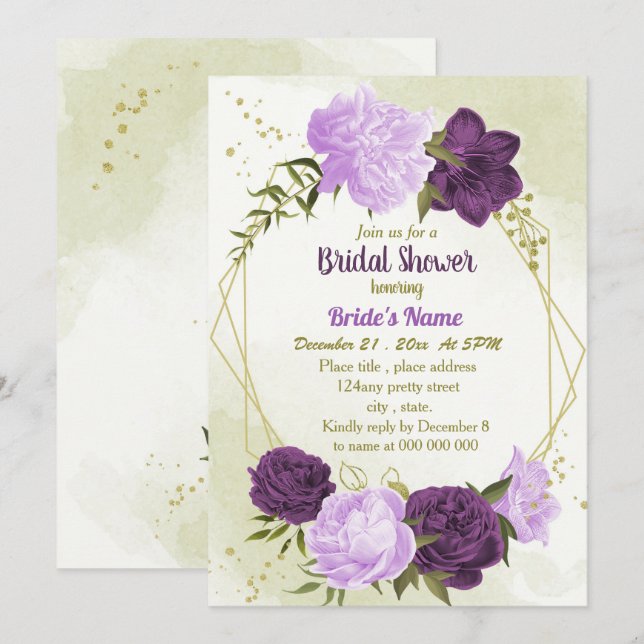 Invitación flores moradas hojas verdes ducha de novia (Anverso / Reverso)