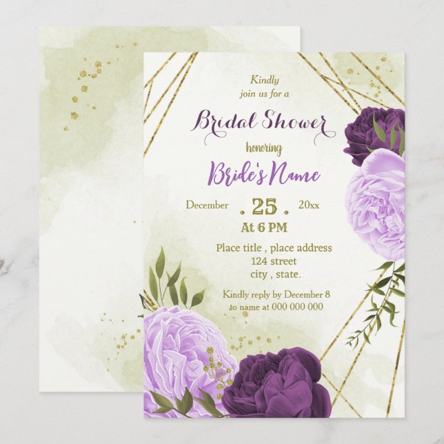 Invitación flores moradas hojas verdes ducha de novia (Anverso / Reverso)