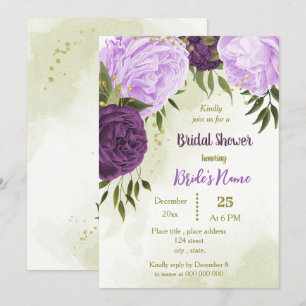 Invitación flores moradas hojas verdes ducha de novia