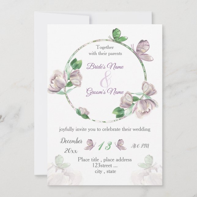 Invitación flores moradas hojas verdes mariposas boda (Anverso)
