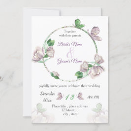 Invitación flores moradas hojas verdes mariposas boda