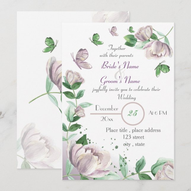 Invitación flores moradas hojas verdes mariposas boda (Anverso / Reverso)