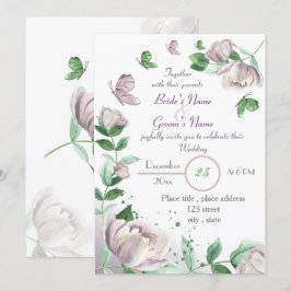 Invitación flores moradas hojas verdes mariposas boda