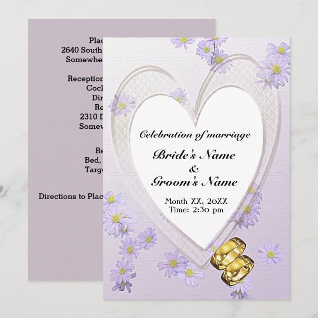 Invitación Flores moradas, marco cardíaco, anillos, invitació (Anverso / Reverso)