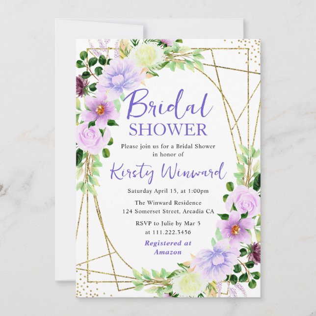 Invitación Flores Moradas Marco Dorado Llamada de Boda (Anverso)