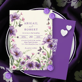 Invitación Flores moradas, mariposas, boda de código QR RSVP