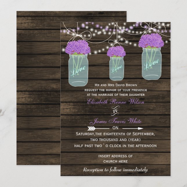 Invitación Flores moradas Mason Jars Barn Wood Boda (Anverso / Reverso)